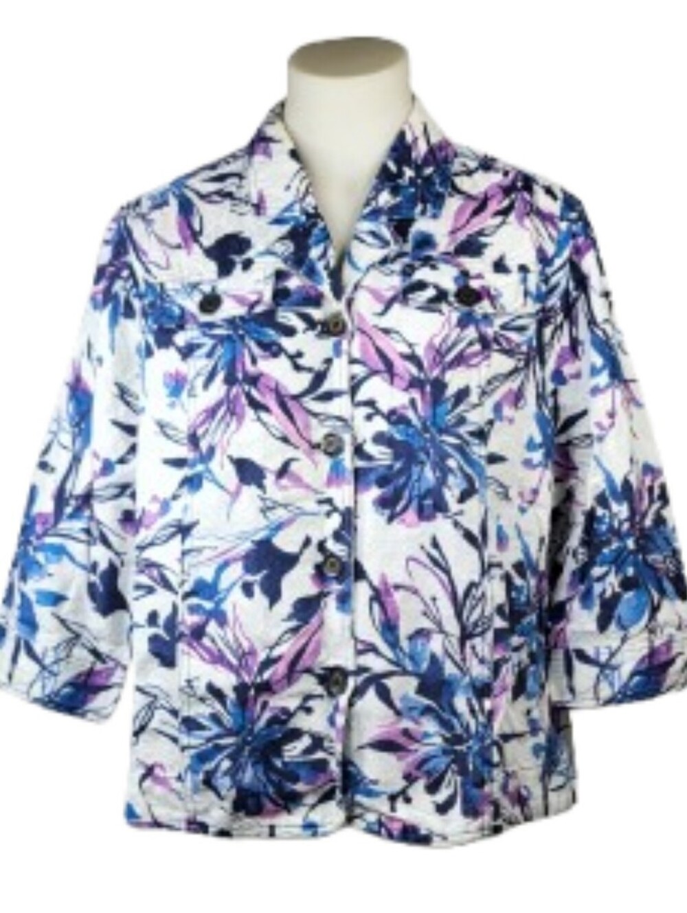 Tan Jay Floral Button-Front Cotton Jacket - Blue & Pink Sz 16